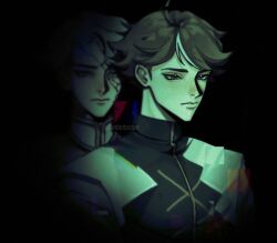  2boys black_shirt blue_eyes brown_eyes brown_hair cracked_skin crew_neck dark dim_lighting distortion dual_persona green_theme lin_ling_(to_be_hero_x) looking_at_another looking_to_the_side multiple_boys nice_(to_be_hero_x) serious shirt single_hair_streak sparkling_eyes to_be_hero to_be_hero_x two-tone_shirt txntentxnten upper_body white_hair white_shirt 