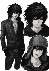  1boy alternate_costume bags_under_eyes black_gloves black_hair cropped_legs death_note full-length_zipper fur_trim gloves grey_shirt hair_between_eyes highres hood hoodie jacket jewelry l_(death_note) lollipop_in_mouth male_focus multiple_views necklace partially_unzipped shirt short_hair simple_background sso_s tongue tongue_out ushanka white_background zipper 