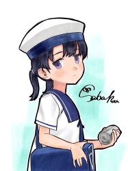  1girl bag black_hair blue_collar blue_sailor_collar collar depth_charge dress hat highres kantai_collection one-hour_drawing_challenge sabakanbasupisu sailor_collar sailor_dress sailor_hat short_hair short_sleeves shounan_(kancolle) signature solo twintails upper_body violet_eyes white_dress white_hat 