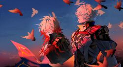  2boys antenna_hair armor bird black_choker black_coat black_shirt blonde_hair blue_cape braid cape chest_tattoo chinese_commentary choker coat commentary_request dove earrings facial_tattoo floating_cape gold_earrings gold_necklace gradient_hair highres honkai:_star_rail honkai_(series) jewelry male_focus medium_hair multicolored_hair multiple_boys mydei_(honkai:_star_rail) neck_tattoo necklace open_clothes open_coat pauldrons phainon_(honkai:_star_rail) red_cape red_hair red_tattoo shirt short_hair shoulder_armor side_braid single_pauldron suirandanshihao sun_symbol sun_tattoo tattoo white_coat white_hair 