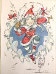  1girl animal bell belt belt_buckle black_belt black_ribbon blonde_hair blue_eyes boots bow braid brown_gloves buckle building cat christmas commentary_request dress full_body fur-trimmed_boots fur-trimmed_dress fur_trim gloves hair_bow hand_up hat highres holding holding_sack jumping long_hair looking_at_viewer neck_bell open_mouth original pantyhose peter_salt red_boots red_bow red_hat ribbon sack santa_costume santa_hat sky smile solo star_(sky) starry_sky striped_clothes striped_pantyhose teeth through_medium traditional_media twin_braids twintails upper_teeth_only white_cat 