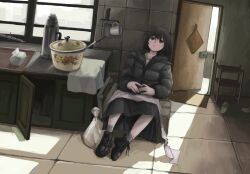  1girl bin_jiang black_hair black_jacket china cleaver commentary cup down_jacket highres jacket mug open_door original short_hair solo 