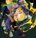  1girl black_footwear blonde_hair character_request full_body green_background highres holding nekoolantern solo splatoon_(series) splatoon_3 tongue tongue_out yellow_eyes 
