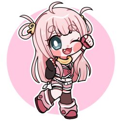  &gt;_o 1girl :3 ahoge arm_up asymmetrical_gloves asymmetrical_legwear belt blue_eyes blush_stickers chibi chibi_only cocorobo commentary_request cropped_vest fang fingerless_gloves full_body gloves hair_ornament hair_rings long_hair looking_at_viewer midriff navel one_eye_closed open_mouth pink_hair scarf sharp_corporation shorts single_sock single_thighhigh smile socks solo thick_eyebrows thigh-highs thigh_strap togase_ameko two_side_up uneven_gloves uneven_legwear vest vocaloid 