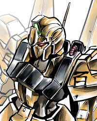  aeug armor black_armor glowing glowing_eye gold_armor gundam highres hyaku_shiki margare mecha mecha_focus mobile_suit multicolored_armor radio_antenna red_eyes robot science_fiction solo upper_body zeta_gundam 