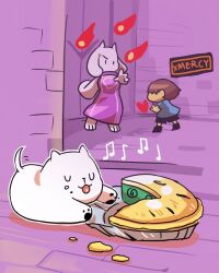  1girl 1other 2016 2d ambiguous_gender animal animal_ears animal_focus ankle_boots annoying_dog anthro barefoot battle bitten blue_shirt boots brick_wall brown_boots brown_hair closed_eyes crumbs digital_media dog door droopy_ears fangs female fire floppy_ears food frisk_(undertale) furry furry_female gameplay_mechanics goat goat_ears goat_girl goat_horns heart horns human magic mammal monster monster_girl musical_note nnbadbear no_mouth outline pastry pie pyrokinesis shirt short_hair shorts tongue tongue_out toriel trio undertale utdr_(toby_fox) uwu wall white_dog white_fur white_horns white_outline 