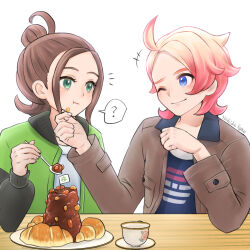  +++ 1boy 1girl :t ;) ? ahoge blue_eyes blue_shirt brown_hair brown_jacket closed_mouth commentary_request croissant cup curry eyelashes food food_on_face green_eyes green_jacket hair_bun harmony_(pokemon) holding holding_spoon jacket notice_lines one_eye_closed open_clothes open_jacket plate pokemon pokemon_legends:_z-a print_shirt saucer shirt signature smile spoken_question_mark spoon teacup urbain_(pokemon) white_background yoshida-smile 