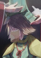  1boy 2others am1582 armor brown_hair closed_mouth commentary_request dressing expressionless green_helmet helmet highres japanese_armor japanese_clothes kabuto_(helmet) male_focus mouri_motonari_(sengoku_basara) mouth_veil multiple_others official_alternate_costume putting_on_headwear sengoku_basara short_hair solo solo_focus veil 