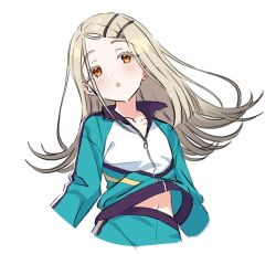  1girl :o aqua_jacket aqua_shorts blonde_hair blush collarbone colored_eyelashes commentary_request cropped_arms cropped_legs earrings flipped_hair gakuen_idolmaster gradient_hair grey_hair hair_ornament hairclip highres idolmaster jacket jewelry kousuke0912 long_hair long_sleeves looking_up midriff_peek multicolored_hair multicolored_jacket open_mouth orange_eyes parallel_hairclips parted_bangs partially_unzipped shinosawa_hiro shorts simple_background solo stud_earrings track_jacket upper_body white_background white_jacket zipper zipper_pull_tab 