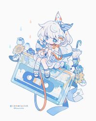  +_+ 1girl bare_shoulders blue_eyes blue_hairband blue_sandals blue_sleeves blue_umbrella bow_hairband cassette_tape chibi chibi_only choker commission detached_sleeves dress full_body hair_ornament hairband hairclip highres kanae_(cookie) long_hair long_sleeves original parallel_hairclips parted_lips red_choker sandals simple_background sitting sleeveless sleeveless_dress solo twitter_username umbrella white_background white_dress white_hair 