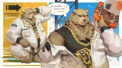  1boy absurdres animal_ears arm_behind_head arm_on_own_leg arrow_(symbol) bear_boy bear_ears belly belt_pouch ben_bigger bird black_tank_top blue_sky body_fur brown_fur chain chain_necklace closed_mouth clouds commentary english_commentary english_text fat fat_man full_body furry furry_male gold_chain highres holding holding_weapon jacket jewelry kleo_iv male_focus multiple_views necklace on_one_knee over_shoulder plump pouch scar scar_across_eye scar_on_face single_bare_shoulder sky solo speech_bubble tank_top thought_bubble unbuttoned upper_body weapon weapon_over_shoulder white_bird white_jacket yellow_background zenless_zone_zero 