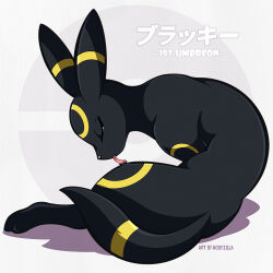  animal_focus artist_name character_name closed_eyes commentary english_commentary full_body highres licking_self no_humans pokemon pokemon_(creature) sitting solo translation_request umbreon woofzilla 