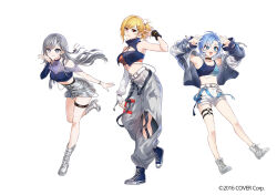  3girls :d ahoge arms_up asymmetrical_bangs belt black_collar blonde_hair blue_eyes blue_hair blue_shirt blue_shoes blue_sleeves blue_tank_top boots braid braided_bangs breasts cargo_pants cleavage_cutout closed_mouth clothing_cutout collar colored_tips commentary company_name copyright_notice crop_top cropped_shirt crossed_arms detached_sleeves english_commentary full_body grey_hair grey_shrug grey_skirt hair_ornament hairclip halter_shirt halterneck high_tops holoh3roes hololive hololive_indonesia jacket jewelry kaela_kovalskia kobo_kanaeru lace-up_boots layered_skirt leg_cutout lineup long_hair looking_at_viewer medium_breasts medium_hair midriff miniskirt multicolored_hair multiple_girls nail_polish navel necklace o-ring o-ring_thigh_strap official_alternate_costume official_alternate_hairstyle official_art one_side_up open_mouth pants red_eyes red_nails sakon04 shirt shoes short_hair shorts shoulder_cutout shrug_(clothing) simple_background single_detached_sleeve single_wrist_cuff skirt sleeveless sleeveless_shirt sleeves_past_fingers sleeves_past_wrists smile sneakers standing swept_bangs tank_top teeth thigh_strap turtleneck two-tone_hair vestia_zeta virtual_youtuber white_belt white_boots white_hair white_pants white_shorts white_tank_top wrist_cuffs 