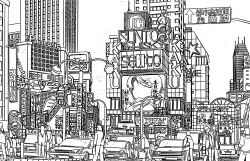  absurdly_detailed_composition absurdres building car cityscape commentary_request complex_exterior greyscale highres lamppost lineart monochrome motor_vehicle original outdoors pen_(medium) people road_sign scenery sign skyscraper traditional_media traffic_light translation_request yamaguti 