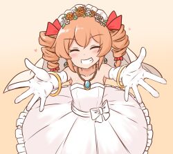  1girl :d bare_shoulders bow bracelet bridal_veil closed_eyes collarbone commentary_request commission dress earrings elbow_gloves gloves gradient_background hair_bow heart jewelry mizusoba orange_background orange_hair pendant reaching reaching_towards_viewer red_bow skeb_commission smile solo touhou veil wedding_dress white_dress white_gloves yorigami_jo&#039;on 