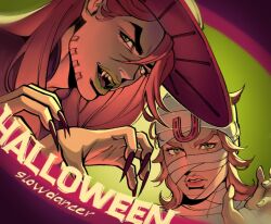  2boys adapted_costume bandages beard blonde_hair claw_pose english_commentary facial_hair fangs fingernails gentleslowdance green_eyes green_lips gyro_zeppeli halloween halloween_costume happy_halloween hat highres horseshoe_ornament johnny_joestar jojo_no_kimyou_na_bouken long_fingernails long_hair looking_at_viewer makeup male_focus multiple_boys mummy_costume nail_polish open_mouth red_hair red_hat sharp_fingernails steel_ball_run stitches teeth vampire_costume 