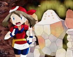  1girl absurdres amayzing2002 bike_shorts bike_shorts_under_shorts black_shorts blue_eyes brown_hair fanny_pack gloves highres may_(pokemon) open_mouth pokemon pokemon_(creature) pokemon_rse red_shirt regirock running shirt short_hair shorts 