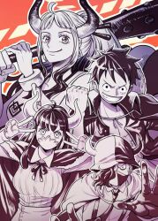  2boys 2girls clenched_hand club_(weapon) commentary_request cuffs double_v eyelashes gloves greyscale_with_colored_background grin hair_over_one_eye hat hat_on_back horned_hat horns living_(pixiv5031111) mask monkey_d._luffy monochrome mouth_mask multiple_boys multiple_girls one_piece page_one_(one_piece) scar scar_on_chest scar_on_face shackles short_hair smile spiked_club ulti_(one_piece) v weapon yamato_(one_piece) 