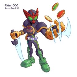 1boy armor black_armor black_bodysuit black_helmet bodysuit claw_(weapon) core_medal energy_sword full_body green_eyes helmet highres holding holding_sword holding_weapon kamen_rider kamen_rider_ooo kamen_rider_ooo_(series) kamen_rider_ooo_(tatoba_combo) karakatodzo male_focus mega_man_(series) mega_man_zero_(series) solo sword weapon 