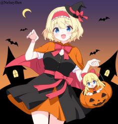  2girls alice_margatroid alternate_costume basket bat_(animal) black_dress black_hat blonde_hair blue_eyes blush bnelsey bow bowtie breasts cape cleavage_cutout clothing_cutout commentary crescent_moon dress english_commentary frilled_hairband frills hair_bow hairband halloween_costume hat hat_bow jack-o'-lantern lolita_hairband looking_at_viewer mini_hat moon multiple_girls open_mouth orange_cape paid_reward_available red_bow red_bowtie red_cape red_hairband shanghai_doll short_sleeves smile touhou twitter_username two-sided_cape two-sided_fabric witch_hat 
