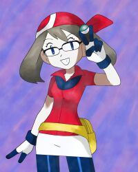  1girl absurdres amayzing2002 ball banana bandana bike_shorts bike_shorts_under_shorts blue_eyes brown_hair fanny_pack food fruit glasses gloves highres holding holding_ball holding_poke_ball looking_at_viewer may_(pokemon) poke_ball pokemon pokemon_rse red_bandana red_shirt shirt short_hair shorts teeth 