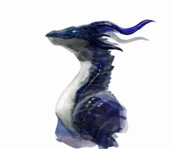  blue_eyes blue_scales commentary_request dragon glowing glowing_eyes nagabe no_humans original simple_background solo upper_body western_dragon white_background 