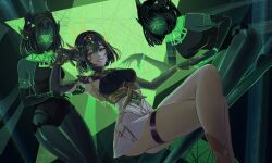  3girls ancient_egyptian_clothes antler_ornament claw_ring eye_tattoo finger_claws gem genshin_impact green_background green_eyes green_gemstone green_hair green_streaks hair_ornament headpiece highres mark_under_eye mole mole_under_eye multiple_girls nefer_(genshin_impact) symbol-shaped_pupils tattoo triangle triangle-shaped_pupils triangle_hair_ornament usekh_collar xhianxeh 