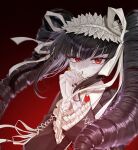  1girl black_background black_hair black_jacket black_nails celestia_ludenberg claw_ring closed_mouth danganronpa:_trigger_happy_havoc danganronpa_(series) earrings frilled_jacket frills hands_up highres jacket jewelry long_hair long_sleeves nail_polish necktie own_hands_clasped own_hands_together pale_skin peppo_(2cleft_0109) print_necktie red_background red_eyes red_necktie smile solo sweat upper_body 