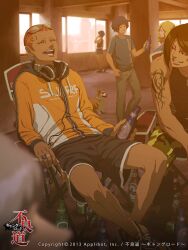2013 2girls 4boys arm_tattoo beer_bottle black_shorts cable chair check_commentary commentary_request commission copyright_request dog drink eyewear_on_head headphones headphones_around_neck holding holding_drink hood hood_down looking_out_window multiple_boys multiple_girls nona official_art open_mouth shorts sitting smile tattoo welsh_corgi window