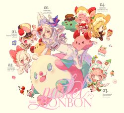  6+girls animal_ears apron asymmetrical_bangs banana banana_slice black_sandals blue_flower bonnet bow bowtie braid braided_bun brown_hat bubble_skirt cherry cherry_blossom_print cherry_print chibi closed_mouth commentary_request crepe crown_braid dessert dog dot_nose dress drill_hair ears_through_headwear english_text eyelashes floral_print flower food food-themed_animal food-themed_clothes food-themed_creature food-themed_hair_ornament food-themed_hat food_print fruit fruit_print full_body grin hair_between_eyes hair_bun hair_flower hair_ornament hand_up hat hat_bow helmet japanese_clothes kimono leg_up light_blush long_sleeves looking_at_viewer multicolored_bow multiple_girls nape_braid numbered one_eye_closed original pantyhose personification pink_eyes pink_flower pink_hair pink_kimono print_apron print_headwear print_kimono puffy_long_sleeves puffy_sleeves rabbit_ears red_bow red_bowtie red_dress red_flower red_shoes ribbon-trimmed_dress ribbon_trim sandals shako_cap shoes short_dress short_hair short_side_ponytail side_ponytail simple_background single_hair_bun skirt smile socks space_helmet spacesuit star_(symbol) strawberry_hair_ornament striped_bow updo violet_eyes welchino white_apron white_background white_bonnet white_dress white_flower white_hair white_pantyhose white_socks yellow_hat yukata zouri 