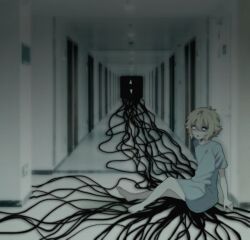  1boy absurdres antenna_hair arm_support bandaid bandaid_on_cheek bandaid_on_face bandaid_on_nose barefoot basil_(faraway)_(omori) basil_(omori) blonde_hair blue_eyes bruise bruised_eye collarbone double-parted_bangs hair_between_eyes highres horror_(theme) hospital hospital_gown indoors injury my_loleeta omori open_mouth short_hair sitting solo something_(omori) spoilers 