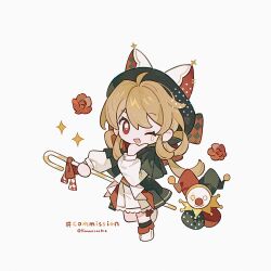  1girl ;d black_capelet black_hat black_socks blonde_hair cane capelet chibi chibi_only commission full_body hat highres holding holding_cane kanae_(cookie) long_hair long_sleeves looking_at_viewer one_eye_closed open_mouth original pleated_skirt red_eyes shirt shoes simple_background skirt smile socks solo standing standing_on_one_leg teardrop_facial_mark twitter_username white_background white_shirt white_shoes white_skirt 
