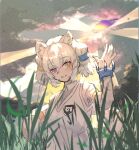  1girl animal_ears blue_eyes byakko_(kemono_friends) cat_ears cat_girl cat_tail extra_ears gloves hair_ornament heterochromia japari_symbol kemono_friends looking_at_viewer nature necktie outdoors sasa_fune shirt short_hair solo tail upper_body vest white_hair yellow_eyes 