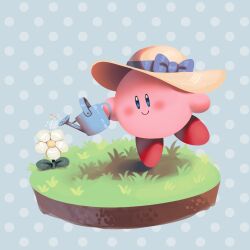  absurdres blue_background blue_bow blue_eyes bow brown_hat closed_mouth commentary creature creature_focus english_commentary flower frogbians grass happy hat hat_bow highres holding holding_watering_can kirby kirby_(series) leg_up light_blush looking_at_flowers no_humans polka_dot polka_dot_background smile solo sun_hat watering_can white_flower 