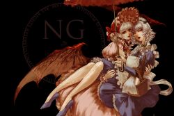  2girls alcohol apron basket bat_wings black_background blue_dress blue_shoes bonnet bottle bow braid carrying cork dress frilled_cuffs gem green_bow grey_bow grey_hair hair_bow hand_on_another's_arm high_heels holding holding_basket holding_umbrella izayoi_sakuya medium_hair multiple_girls nail_polish nazo_(mystery) parasol princess_carry puffy_sleeves red_bonnet red_eyes red_gemstone red_nails remilia_scarlet shoes short_hair side_braid simple_background touhou twin_braids umbrella white_apron wine wine_bottle wings wrist_cuffs 