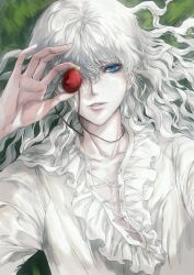  1boy absurdres androgynous behelit beierfeigeer25808 berserk blouse blue_eyes collarbone cross-laced_clothes cross-laced_top curly_hair frilled_shirt_collar frills from_above grass griffith_(berserk) hair_over_one_eye highres holding holding_jewelry holding_necklace jewelry long_hair lying male_focus necklace on_back one_eye_covered pale_skin shirt solo straight-on upper_body white_hair white_shirt 