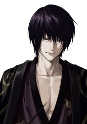  1boy closed_mouth collarbone gintama grey_eyes highres holding holding_smoking_pipe japanese_clothes male_focus one_eye_closed pectoral_cleavage pectorals short_hair simple_background smoking_pipe solo sso_s takasugi_shinsuke upper_body white_background 