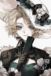  1girl absurdres black_bow black_gloves black_jacket black_ribbon blonde_hair blue_eyes bow china_dress chinese_clothes dress earrings evelyn_mora eyelashes flower folded_fan folding_fan frills fur_shawl fur_trim genshinimpactgaoshou gloves green_dress hand_fan hat hat_bow hat_flower highres holding holding_fan identity_v jacket jewel_under_eye jewelry lolita_fashion looking_at_viewer mark_under_both_eyes parted_bangs parted_lips qi_lolita ribbon rose shawl short_hair simple_background smile solo upper_body white_background white_flower white_rose 