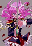  1girl absurdres aiguillette black_jacket blue_eyes cowboy_shot epaulettes floating_hair flower grey_background highres holding holding_sword holding_weapon jacket jewelry kodama_(marugoto_omikan) long_hair long_sleeves petals pink_hair rapier ring rose shoujo_kakumei_utena solo standing sword sword_in_front_of_face sword_of_dios tenjou_utena weapon white_flower white_rose 