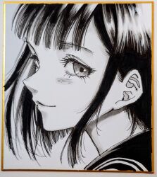 1girl closed_mouth commentary_request from_side greyscale looking_at_viewer looking_to_the_side makomako1061 monochrome original portrait profile sailor_collar shikishi short_hair sidelocks solo traditional_media 