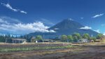  absurdres blue_sky building clouds commentary_request day field grass highres house landscape mount_fuji mountain mud no_humans original outdoors power_lines rural scenery sky suzuke tree utility_pole 