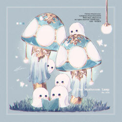  2022 artist_name blue_background blue_theme book bug butterfly color_guide copyright_notice english_text ghost highres holding holding_book instagram_username lamp light_particles mushroom no_humans object_focus original picture_frame reading signature simple_background spin_mayumura twitter_username weibo_username 