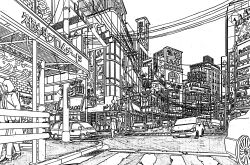  absurdly_detailed_composition absurdres building car commentary_request complex_exterior crosswalk greyscale highres lamppost lineart monochrome motor_vehicle original outdoors pen_(medium) people power_lines road scenery sign street traditional_media translation_request urban yamaguti 