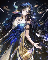  1girl absurdres armlet bare_shoulders black_background black_hair blue_dress blue_veil bracelet cowboy_shot dress dutch_angle evening_gown hair_ornament highres isolde_(reverse:1999) jewelry long_hair official_alternate_costume parted_lips reverse:1999 shawl sleeveless sleeveless_dress solo sparkle two-tone_dress veil very_long_hair violet_eyes wavy_hair weiyan_(nbnbmwnl) white_dress yellow_shawl 