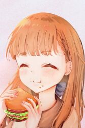  1girl :t ^_^ bairasu_02 blush braid burger closed_eyes closed_mouth collared_shirt commentary_request contrast_collar eating facing_viewer food food_bite food_on_face gradient_background holding holding_burger holding_food kachimachi_kosuzu kachimachi_kosuzu_(summer_casual) link!_like!_love_live! love_live! official_alternate_costume pink_background rounded_collar shirt side_braids simple_background smile solo upper_body virtual_youtuber white_background 