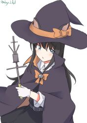  1girl absurdres asashio_(halloween)_(kancolle) asashio_(kancolle) asashio_kai_ni_(kancolle) black_cape black_dress black_hair black_hat blue_eyes bow bowtie cape collared_shirt dress dress_shirt gloves halloween_costume hat highres kantai_collection long_hair mast one-hour_drawing_challenge orange_bow orange_bowtie pinafore_dress robinson_(day_l_full) searchlight shirt simple_background sleeveless sleeveless_dress solo twitter_username wand white_background white_gloves white_shirt witch_hat 