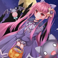  1girl alucard_lore bag bat_(animal) black_cloak candy cloak cross_hair_ornament dress emil_chronicle_online familiar food hair_ornament halloween haneno_hitsuji highres holding holding_bag lollipop long_hair moon night night_sky pink_cloak pink_hair purple_dress red_eyes sky twintails two-sided_cloak two-sided_fabric 