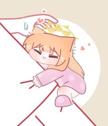  1girl absurdres animal_ear_fluff animal_ears blue_archive blunt_bangs blush brown_background chibi clinging closed_eyes closed_mouth halo heart highres horuhara long_hair long_sleeves mari_(blue_archive) no_nose orange_hair pajamas pants pink_pajamas pink_slippers polka_dot polka_dot_pajamas pout shirt simple_background slippers solo_focus sweatdrop white_background yellow_halo 