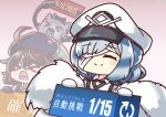  &gt;o&lt; 2girls ahoge azur_lane bandage_over_one_eye bandages black_hair blue_hair blue_headwear bristol_(azur_lane) chibi coat fur-trimmed_coat fur_trim gameplay_mechanics hair_over_one_eye hat holding holding_sign kuybyshev_(azur_lane) multiple_girls peaked_cap robot senhayama_(racoon) sharp_teeth short_hair sign smile teeth twitter_username white_coat white_headwear 