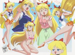  1girl absurdres adult_swim aino_minako bare_legs bikini bishoujo_senshi_sailor_moon bishoujo_senshi_sailor_moon_r bishoujo_senshi_sailor_moon_r:_the_movie bishoujo_senshi_sailor_moon_s bishoujo_senshi_sailor_moon_s:_the_movie bishoujo_senshi_sailor_moon_supers bishoujo_senshi_sailor_moon_supers:_the_movie blonde_hair blue_eyes bow breasts choker closed_mouth danmakuman earrings english_text gloves hair_bow high_heels high_kick highres jewelry kicking large_breasts leotard long_hair long_legs miniskirt open_mouth orange_choker orange_sailor_collar orange_shoes orange_skirt pink_bikini pink_shirt pleated_skirt red_bow sailor_collar sailor_senshi sailor_senshi_uniform sailor_venus shirt shoes short_sleeves skirt smile speech_bubble swimsuit toei_animation toonami very_long_hair viz_media white_gloves white_shirt 